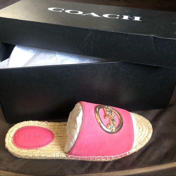 🔥NWT COACH Suede ESPAD. Size 5 Confetti Pink Slip onSignature Horse & carriage - Picture 1 of 11
